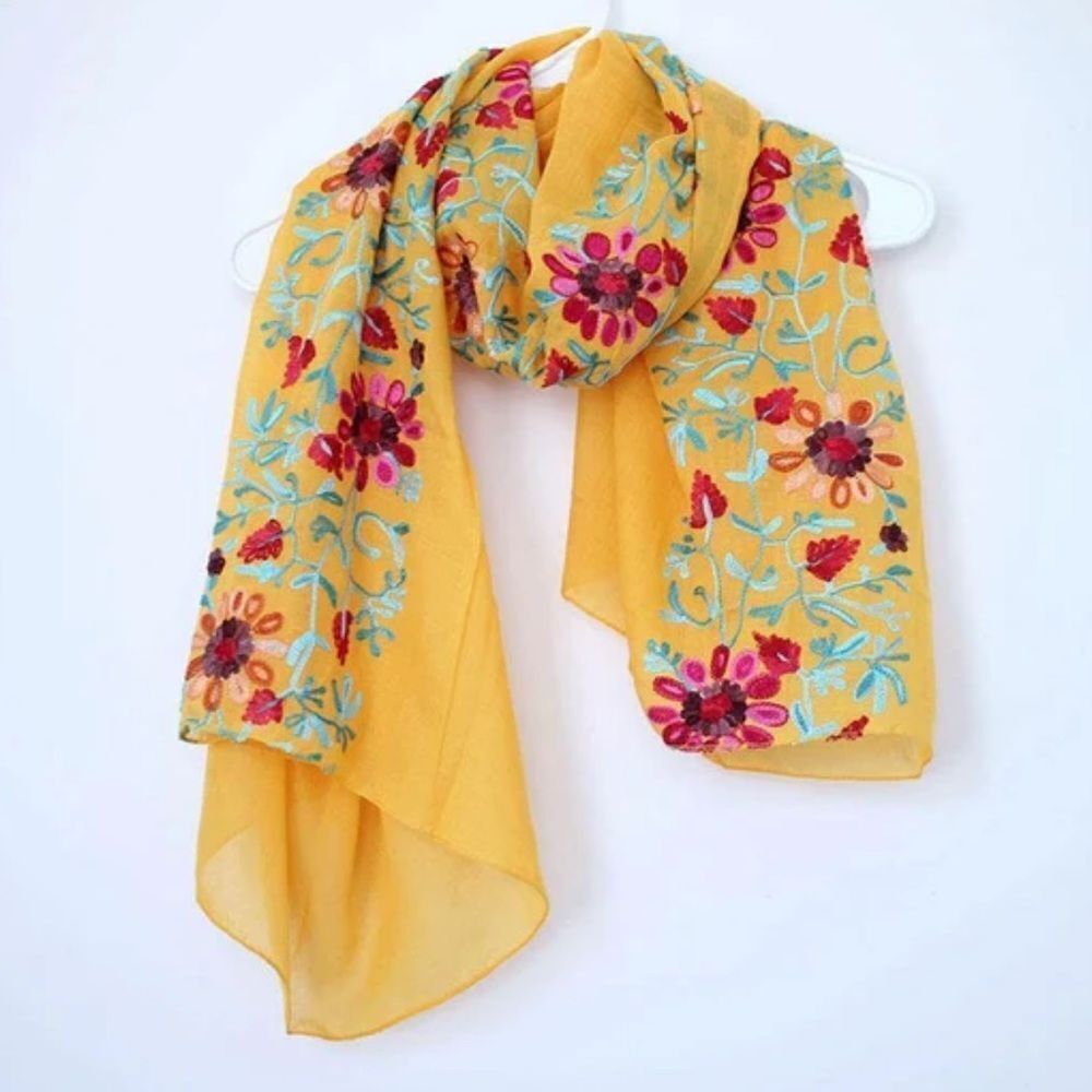 bon voyage Gold Orange Fuchsia Pink Teal Floral Embroidered Scarf Wrap